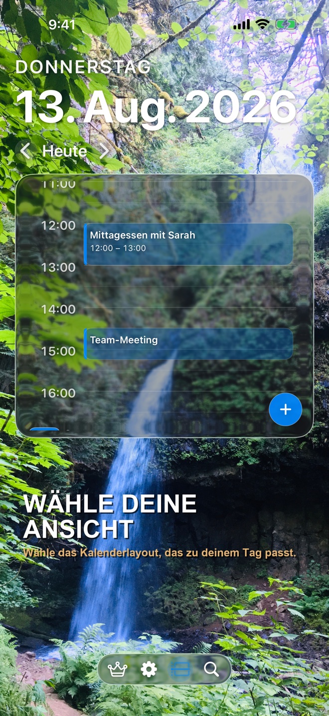 Lumina Kalender Tageszeitlinie mit Wasserfall-Hintergrund