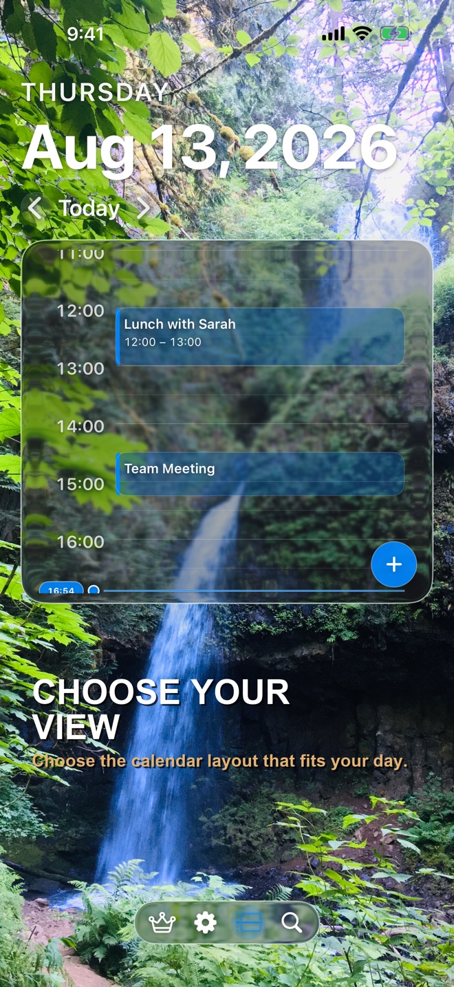 Lumina Calendar Day Timeline with waterfall background