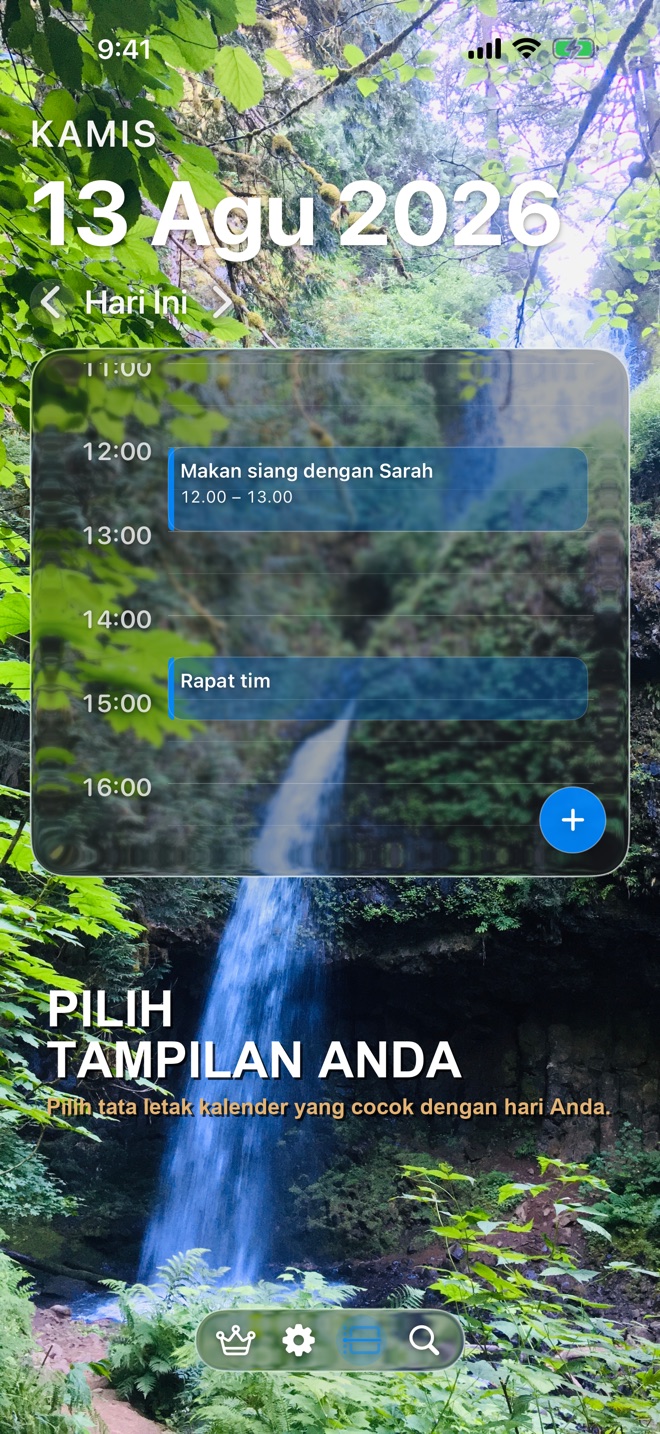Linimasa hari Lumina Kalender dengan latar air terjun