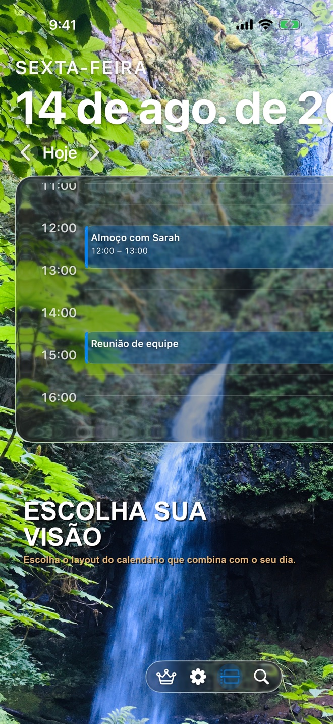 Linha do tempo do dia do Lumina Calendário com fundo de cachoeira