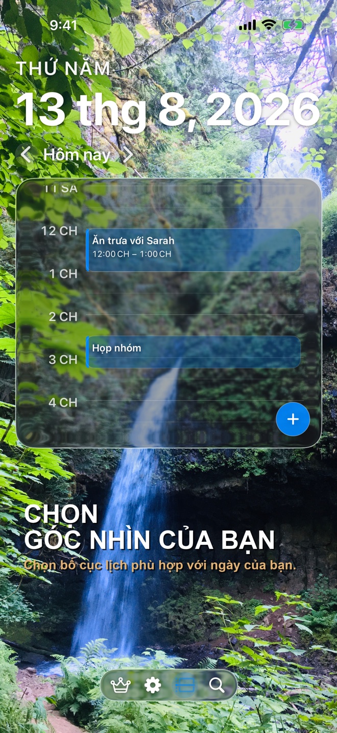 Dòng thời gian ngày Lumina Lịch với nền thác nước